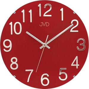 Skleněné kulaté čitelné nástěnné hodiny JVD HT98.4 (červené čitelné hodiny s vypouklým designovým sklem)
