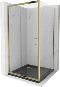 Mexen Apia sprchový kout s posuvnými dveřmi 90 (dveře) x 90 (stěna) cm, 5mm čiré sklo, zlatý profil + černá sprchová vanička SLIM, 840-090-090-50-00-4070G