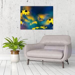 Obraz - Žlutý motýl s květy (70x50 cm)