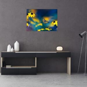 Obraz - Žlutý motýl s květy (70x50 cm)