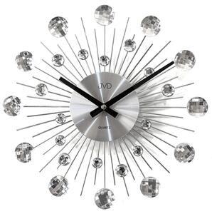 JVD Designové kovové stříbrné paprskovité skleněné hodiny JVD HT111.1 (kovové paprskovité hodiny o průměru 35cm se skleněnými prvky)