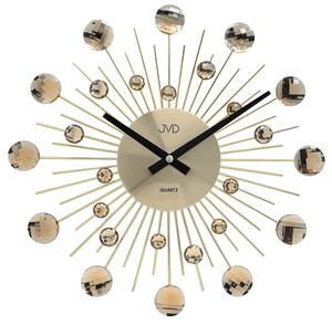 JVD Designové nástěnné kovové zlaté paprskovité skleněné hodiny JVD HT111.2 (kovové paprskovité hodiny o průměru 35cm se skleněnými prvky)