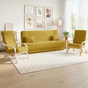 Sedací sestava 3+1+1 PALERMO | 190 + 65 + 65 cm | rozkládací s úložným prostorem | žlutá + bukové nohy