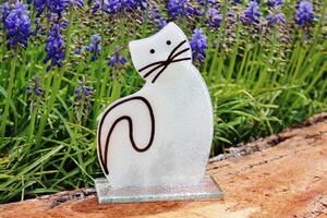 BDK-GLASS Skleněná dekorativní sedící kočka - bílá