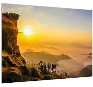 Skleněný obraz údolí v ranní mlze (70x50 cm)