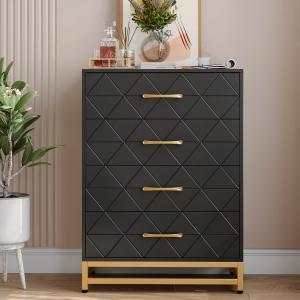 Komoda se zásuvkami, boční skříňka, univerzální, prostorná, barva černá, materiál: dřevotřísková deska (MDF/lamino), stabilní kovový rám