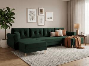 Rozkládací sedací souprava do U SILVIANO 300x140 cm, tmavě zelená + 2 polštářky ZDARMA