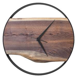 Dřevěné hodiny -50cm, přírodní dřevo - ořech, černý kovový rám (50B9)