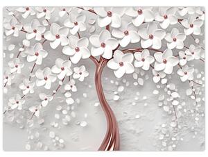 Obraz - Obraz bílého stromu s květinami, rosegold (70x50 cm)