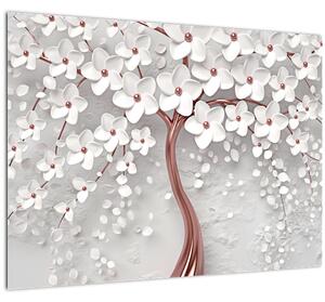 Obraz - Obraz bílého stromu s květinami, rosegold (70x50 cm)