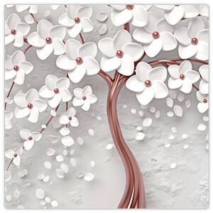 Obraz - Obraz bílého stromu s květinami, rosegold (30x30 cm)