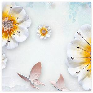 Obraz - Kompozice s květy a motýly (30x30 cm)