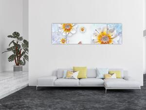 Obraz - Kompozice s květy a motýly (170x50 cm)