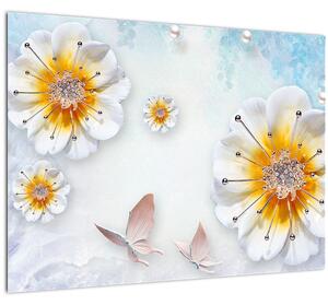Obraz - Kompozice s květy a motýly (70x50 cm)