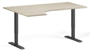 Výškově nastavitelný stůl, 2 motory, 745-1215 mm, ergonomický levý, deska 1600x1200 mm, černá podnož, dub přírodní