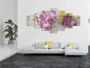 Obraz - Květy na zdi v pastelových barvách (210x100 cm)