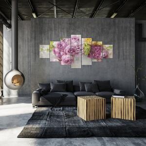 Obraz - Květy na zdi v pastelových barvách (210x100 cm)