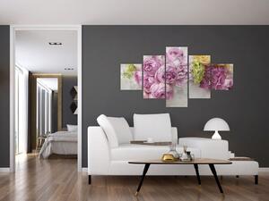 Obraz - Květy na zdi v pastelových barvách (125x70 cm)