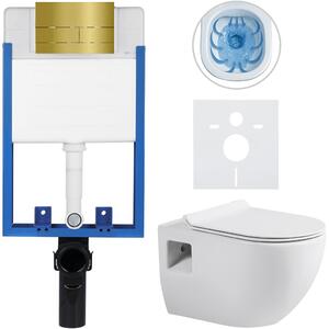 Kompletní WC set Profi/Dure - bílá lesklá - WC tlačítko Line/Zlatá - pro zazdění - 51x35 cm