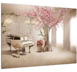 Skleněný obraz - Snový interiér s klavírem (70x50 cm)