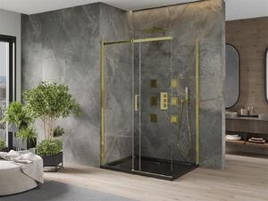 Mexen Omega, sprchový kout s posuvnými dveřmi 100 (dveře) x 90 (stěna) cm, 8mm čiré sklo, zlatý profil + slim sprchová vanička černá + zlatý sifon, 825-100-090-50-00-4070G