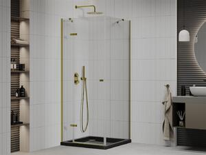 Mexen Roma, sprchový kout s křídlovými dveřmi 80 (dveře) x 80 (stěna) cm, 6mm čiré sklo, zlatý profil + slim sprchová vanička černá + zlatý sifon, 854-080-080-50-00-4070G