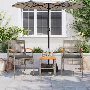 3dílný bistro set s poduškami šedý polyratan akáciové dřevo