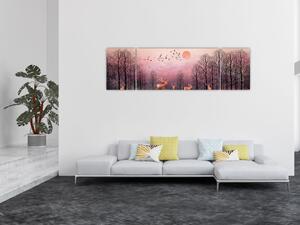 Obraz - Jeleni v záři zapadajícího slunce (170x50 cm)