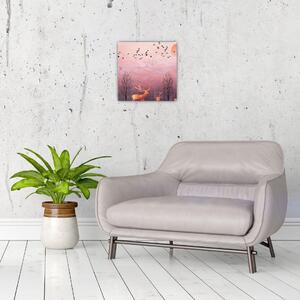 Obraz - Jeleni v záři zapadajícího slunce (30x30 cm)