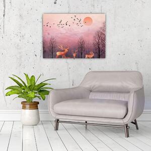 Obraz - Jeleni v záři zapadajícího slunce (70x50 cm)