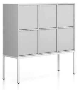 Kancelářská skříň FRAME, nízká, bílá podnož, 6x dveře, 1299 x 450 x 1331 mm, PUSH-lock, šedá