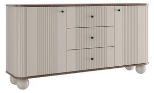 Komoda Vesper 160 cm se zásuvkami na kulových nohách - kašmír / ořech / černé úchyty