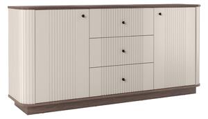 Komoda Vesper 160 cm se zásuvkami na soklu - kašmír / ořech / černé úchytky
