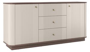 Komoda Vesper 160 cm se zásuvkami na soklu - kašmír / ořech / zlaté úchytky