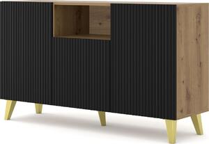 Komoda RAVENNA š 150 cm 2D1DM ARTISAN OAK / BLACK MATT se zlatými nožičkami Americký příborník MDF 3 dveře vysoká skříňka otevřené police bufet s frézovanými čely