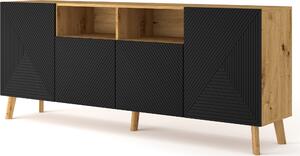Komoda LUXI 4D 195 cm Artisan Dub / Černý mat Příborník Vysoká skříňka s frézovanými čely MDF s otevřenými policemi Bufetový stůl
