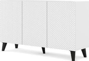Komoda RAVENNA C 150 cm 3D BÍLÝ MAT / BÍLÝ LESK s černými nožičkami Americká frézovaná příborníková skříňka ve tvaru diamantu MDF 3 dveře vysoká skříňka otevřené police bufet s frézovanými čely diamantu