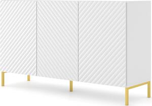 Komoda SURF 3D 150 cm BÍLÁ MATNÁ Příborník 3 dvířka s frézovanými čely MDF vysoká skříň skříňka bufetové nohy ZLATÁ