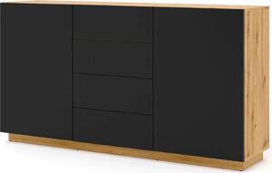 Komoda AURA 2D4S 164 cm ARTISAN DUB / ČERNÁ MATNÁ – příborník – vysoký příborník se 2 dvířky – 4 zásuvky