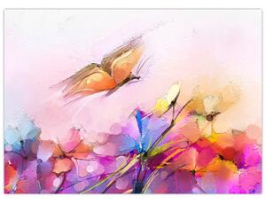 Obraz - Motýl nad květinou, abstrakce (70x50 cm)