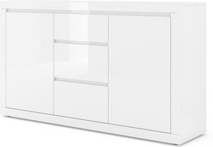 Komoda Bello Bianco III 150 cm Příborník Vysoká skříň Dvě police, TŘI zásuvky Italský bílý mat/bílý vysoký lesk