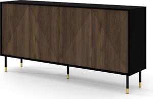 Komoda WOODY IV 4D 180 cm BLACK MATT / CATANIA OAK frézovaná čela MDF příborník vysoká skříňka na nožičkách