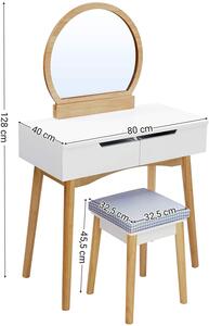 SONGMICS Toaletní stolek s židlí bílý dřevěné nohy 80 x 128 x 40 cm