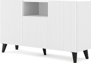 Komoda RAVENNA B 150 cm 2D1DM BÍLÝ MAT / BÍLÝ MAT s černými nožičkami Americký příborník MDF 3 dveře vysoká skříňka otevřené police bufet s frézovanými čely