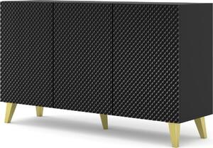 Komoda RAVENNA C 150 cm 3D ČERNÝ MAT / ČERNÝ LESK se zlatými nožičkami US Diamantový frézovaný příborník MDF 3 dveře vysoká skříňka otevřené police bufet s frézovanými čely diamantový