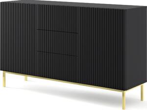 Komoda RAVENNA š 150 cm 2D3S rám ČERNÝ MAT / ČERNÝ MAT Příborník MDF 2 dvířka 3 zásuvky Vysoká skříňka s otevřenými policemi Bufet s frézovanými čely