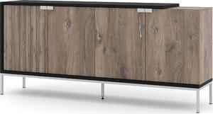 Komoda TOLEDO 191 cm 4D OAK FLAGSTAFF / BLACK MATT - Příborník se stříbrným rámem - Moderní komoda se 4 dvířky do ložnice nebo obývacího pokoje