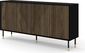 Komoda DŘEVO PACIFIC 4D 180 cm ČERNÝ MAT / OŘECH PACIFIC - frézovaná čela z MDF - příborník na nožičkách