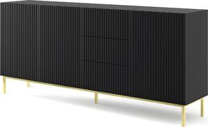 Komoda RAVENNA š 200 cm 3D3S rám ČERNÝ MAT / ČERNÝ MAT Příborník MDF 3 dvířka 3 zásuvky Vysoká skříňka s otevřenými policemi Bufet s frézovanými čely