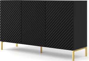 Komoda SURF 3D 150 cm BLACK MATT Příborník 3 dveře s frézovanými čely MDF Vysoká skříň Bufett BEINE GOLDEN